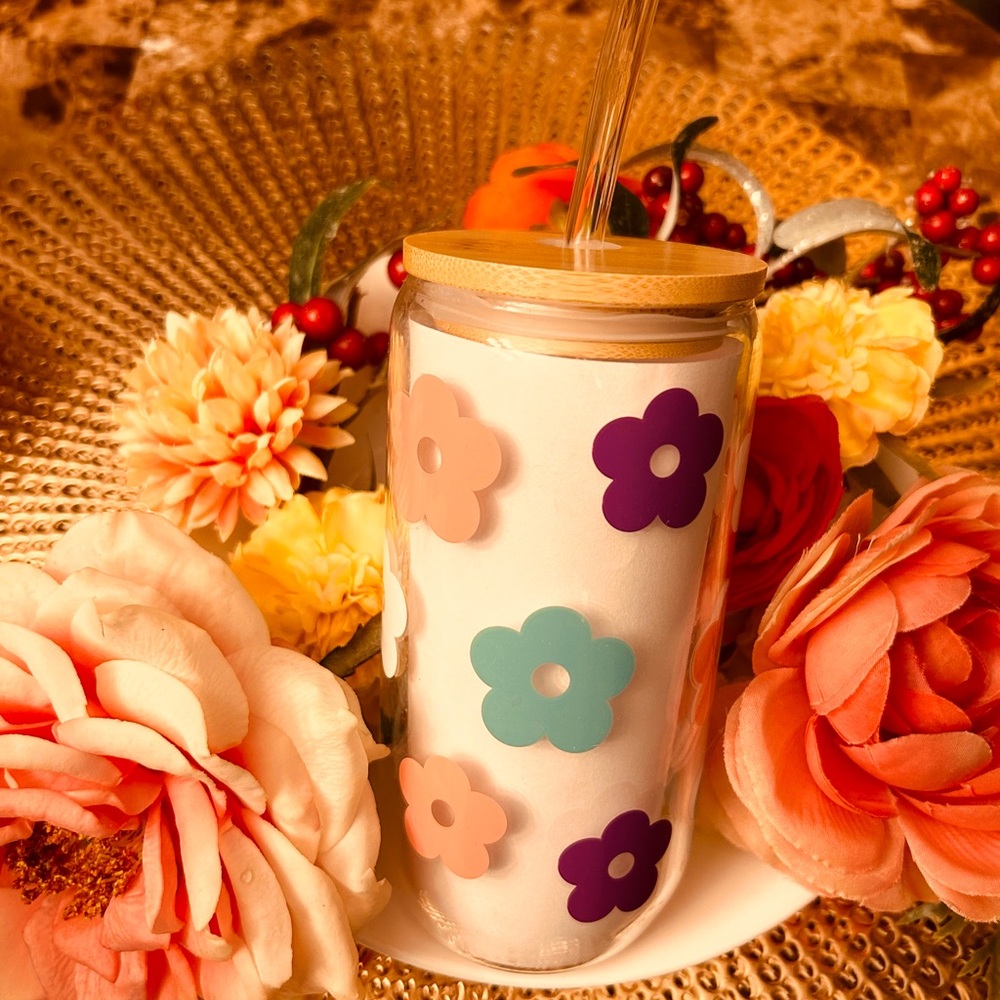Cute glass tumbler with bamboo lid and straw.